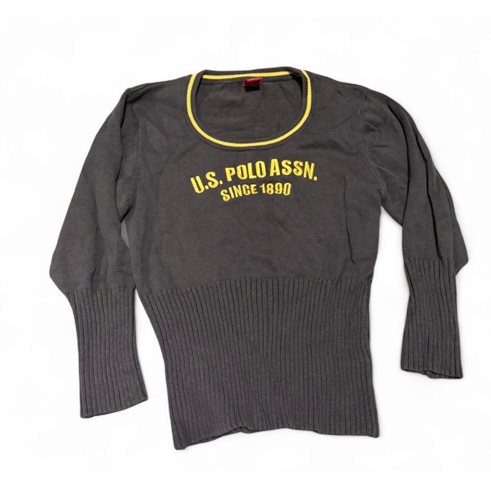 U.S. Polo Assn Womens Medium Brown Yellow Logo Ribbed Knit Sweater Y2K